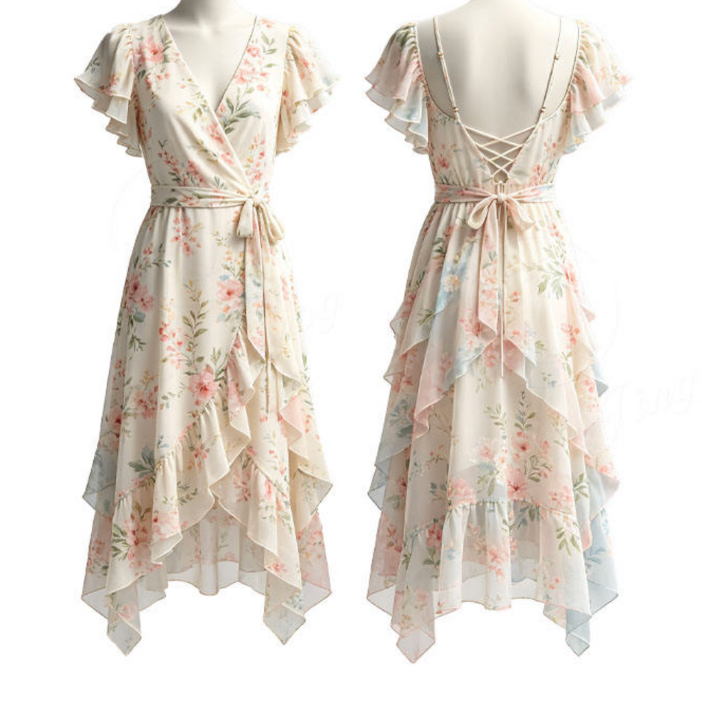 Women’s Floral Wrap Midi Dress – Feminine V-Neck Summer Dress