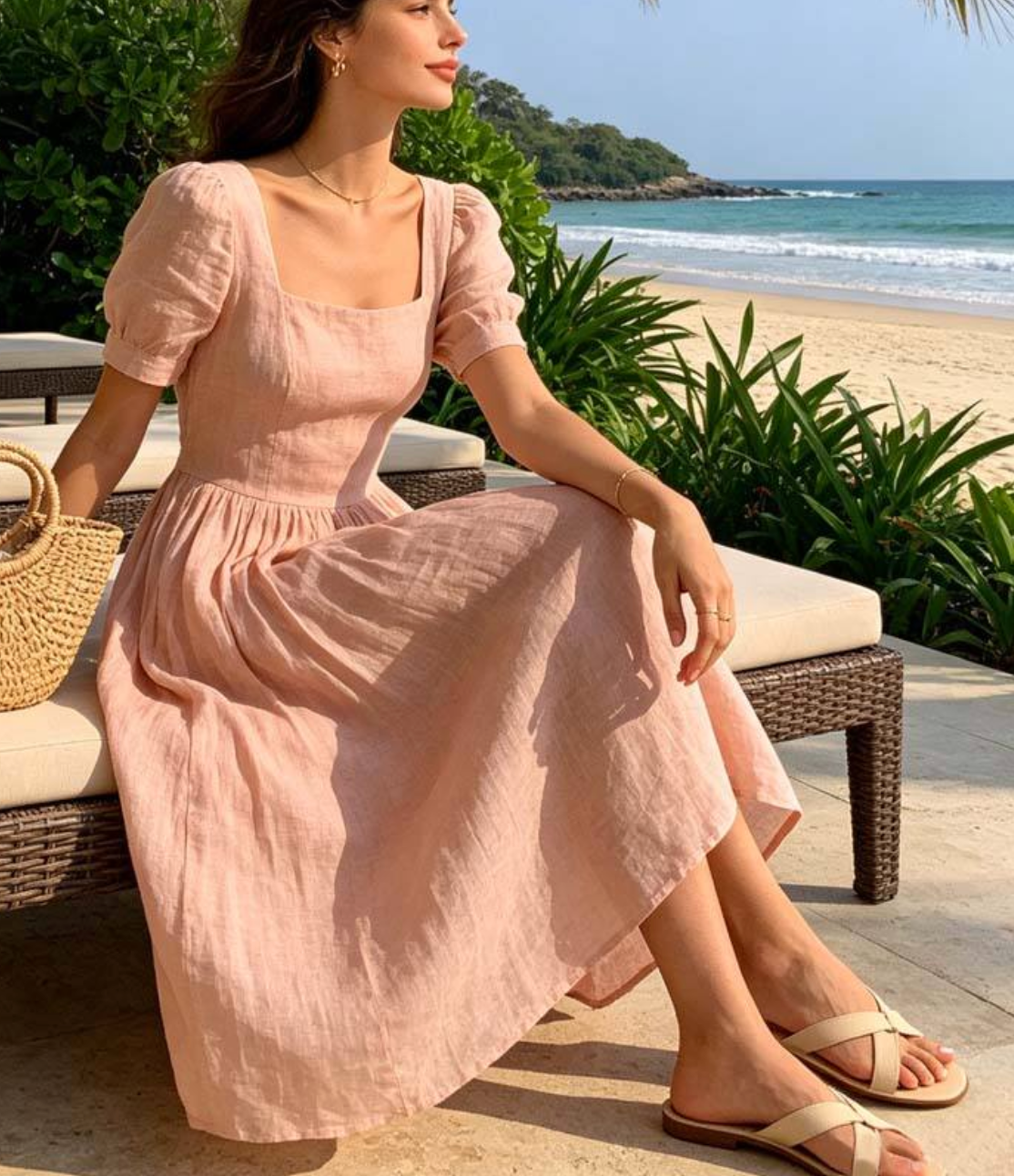 Women’s Linen Blend Summer Dress – Elegant Sleeveless Casual Midi Dress